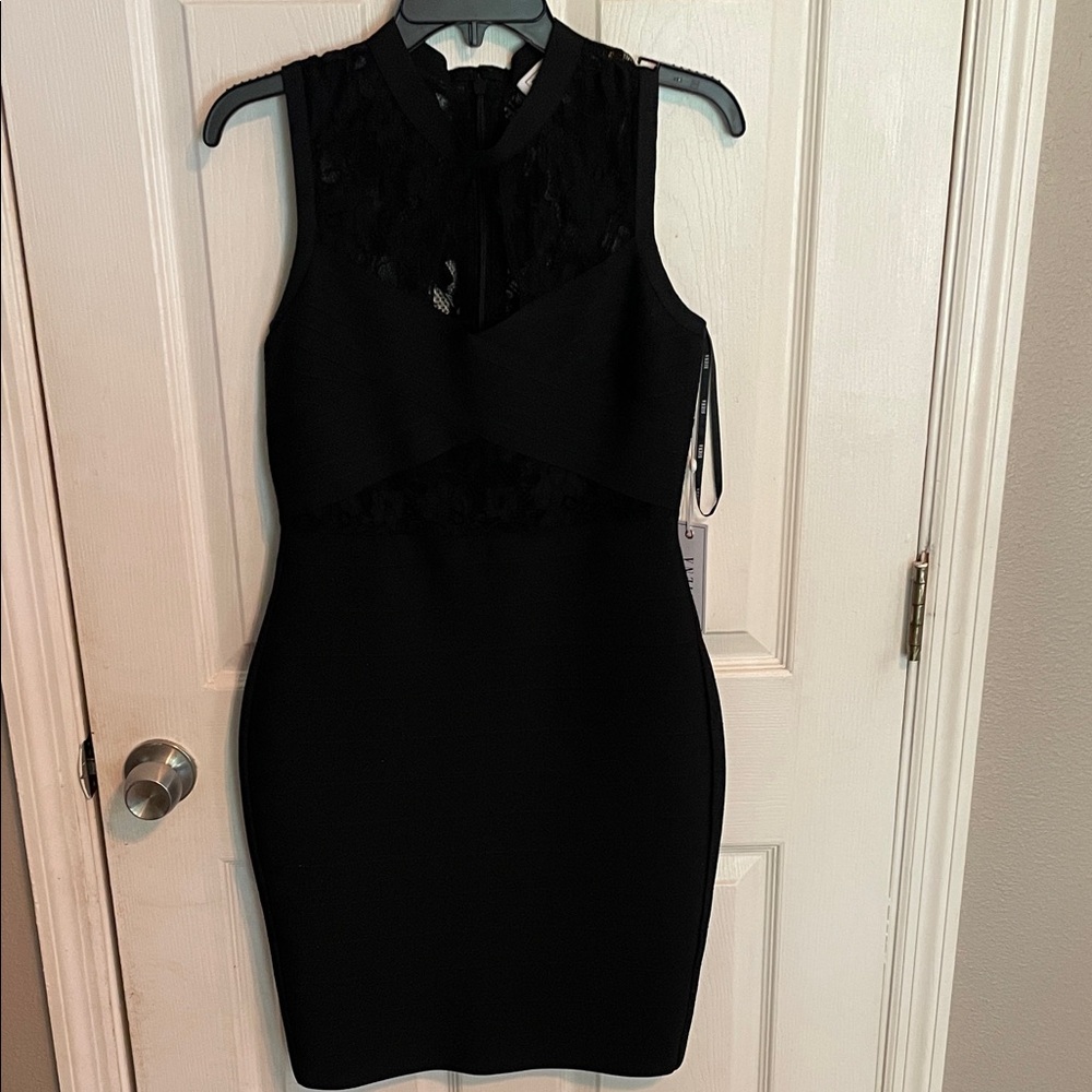 Sleeveless Black Lace-Panel Mini Dress